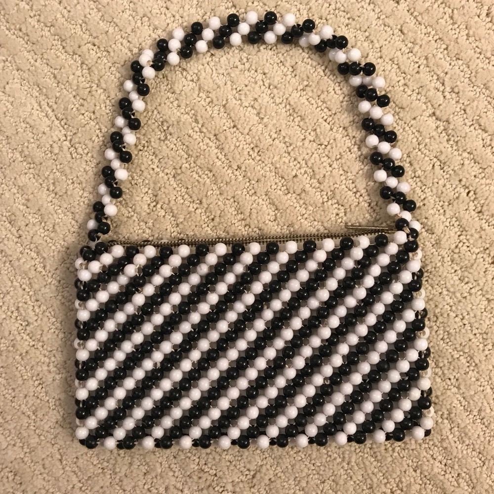Vintage black white bead small shoulder bag linen